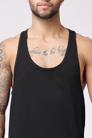 Men's Gym Black Vest Stringer And Tank Top Closeup View