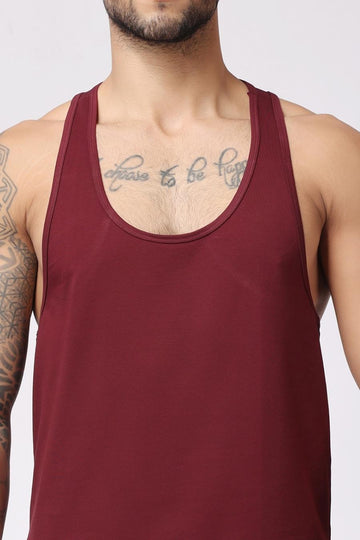 Men's Gym Maroon Vest Stringer And Tank Top Closeup View