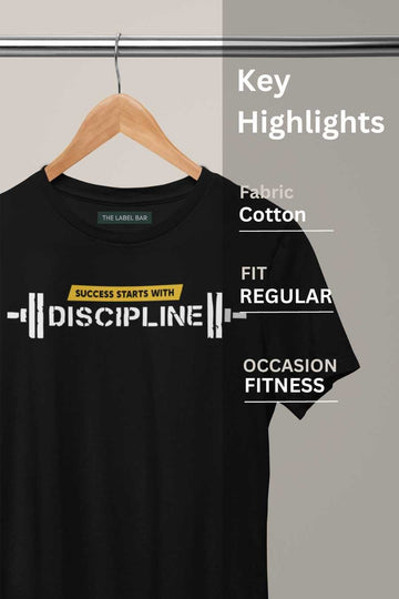 Men's Black Success Starts With Discipline Regular Gym T-Shirt Closeup View