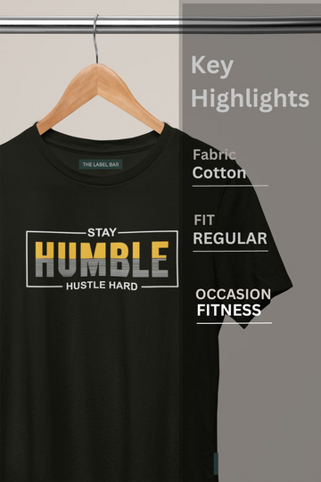 Men's Black Stay Humble Hustle Hard Regular Gym T-Shirt closeup view