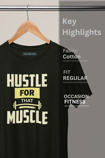 Men's Hustle For That Muscle Printed Regular Gym T Shirt Closeup view