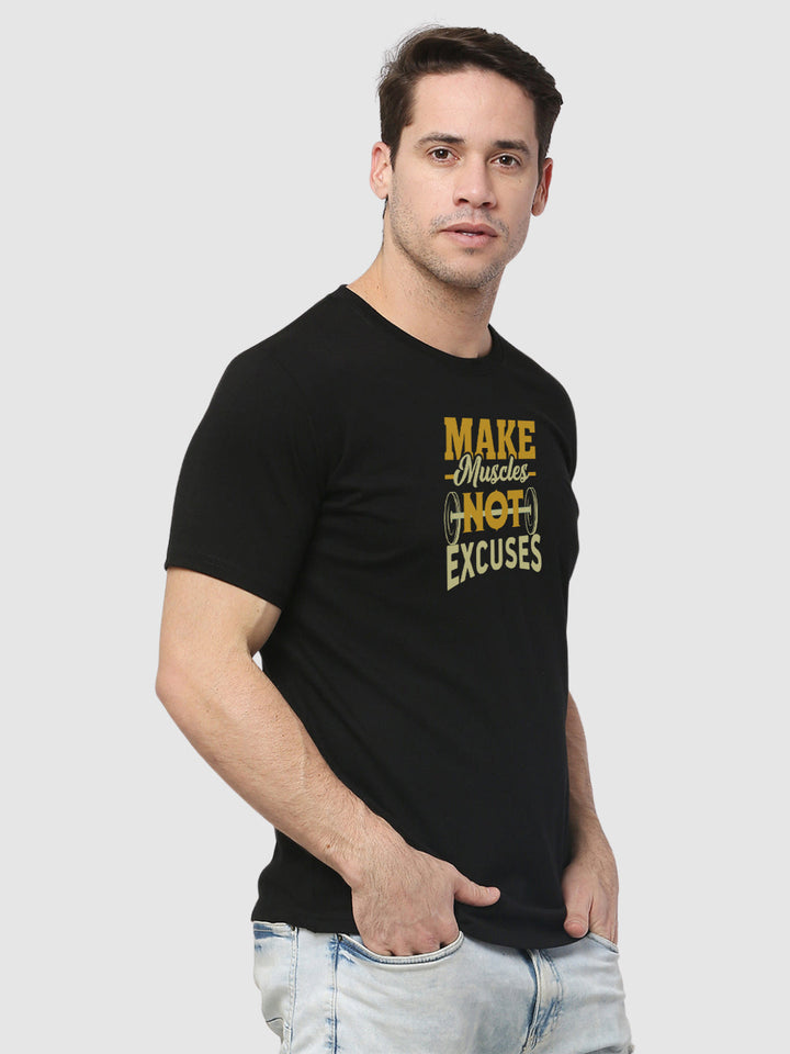 Men's Make Muscles Not Excuses Printed Regular Gym T-Shirt Side View