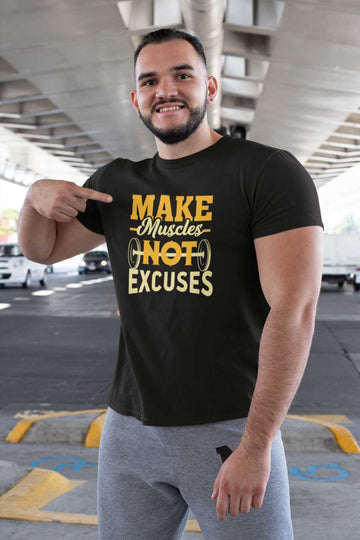 Men's Make Muscles Not Excuses Printed Regular Gym T-Shirt
