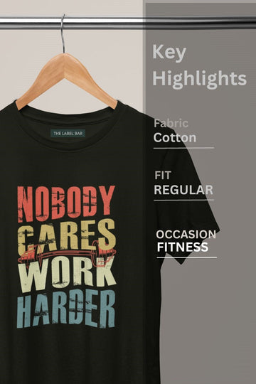 Men's Black Nobody Cares Regular Gym T-Shirt closeup view