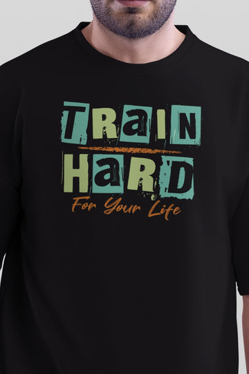 Men's Black Train Hard Oversized Gym T-Shirt Full View