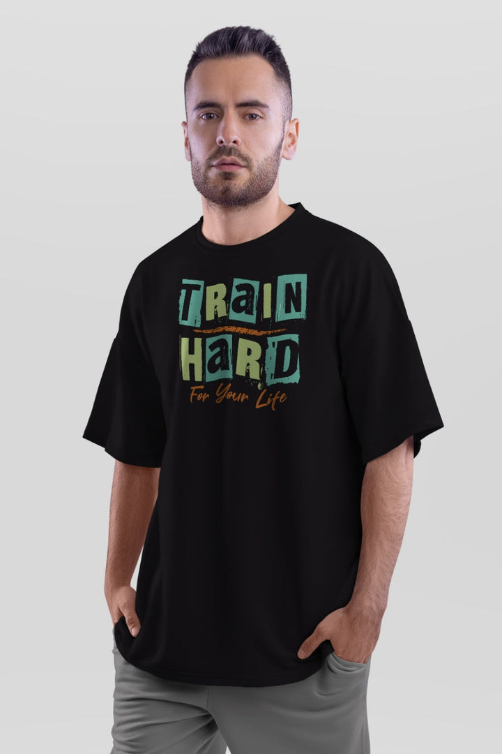 Men's Black Train Hard Oversized Gym T-Shirt