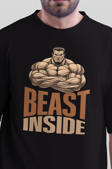 Men's Beast Inside Printed Oversized Gym T-Shirt closeup view