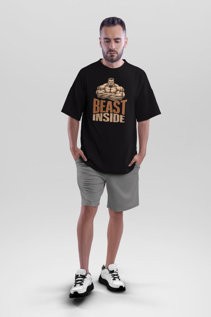 Men's Beast Inside Printed Oversized Gym T-Shirt full view 
