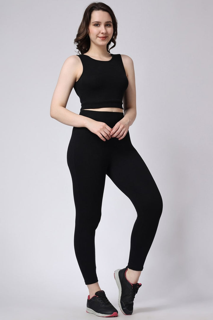 Women's Gym Co-Ord Set Black Leggings & Sleeveless Crop Top Full Side View