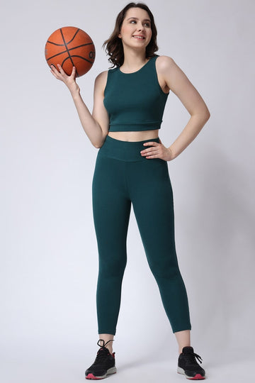 Women's Gym Co-Ord Set Green Leggings & Sleeveless Crop Top Full View