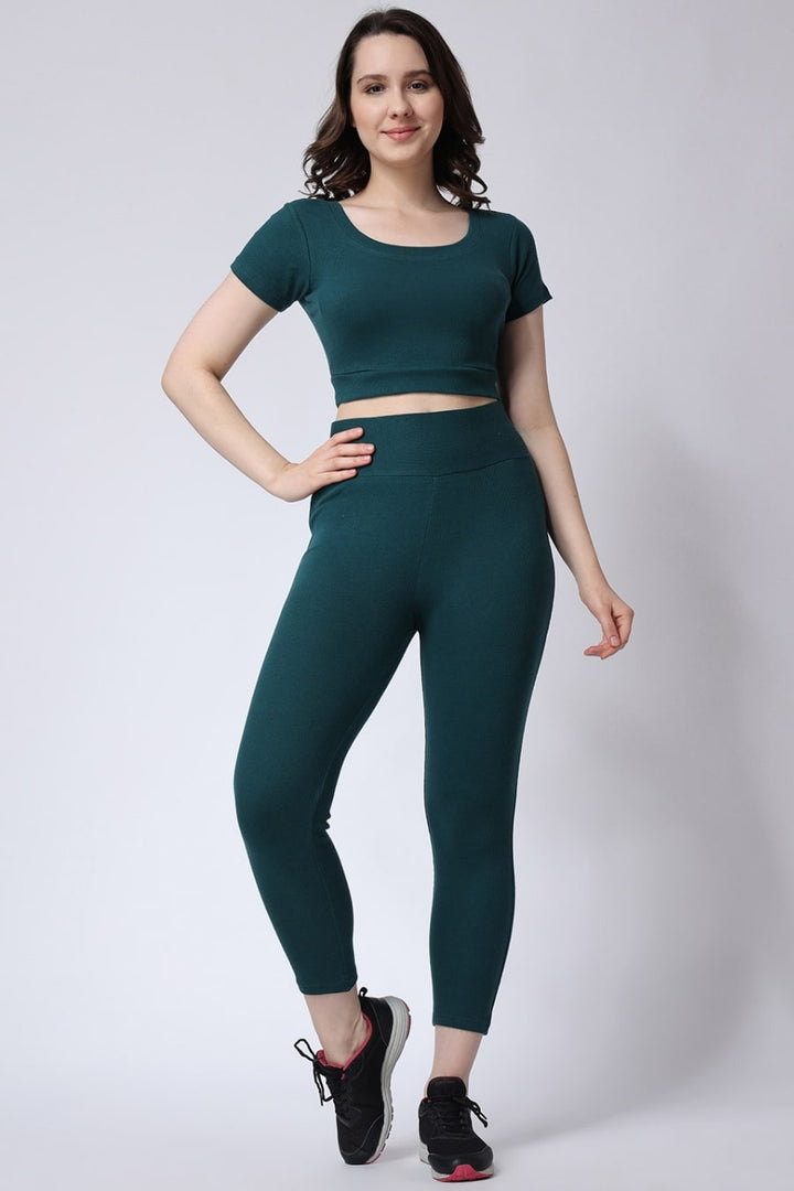 Women's Gym Co-Ord Set Green Leggings & Half Sleeves Crop Top