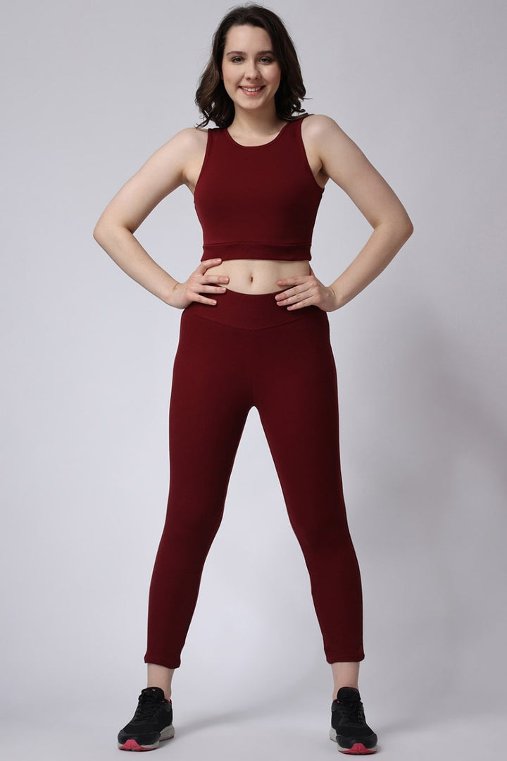 Women's Gym Co-Ord Set Maroon Leggings & Sleeveless Crop Top