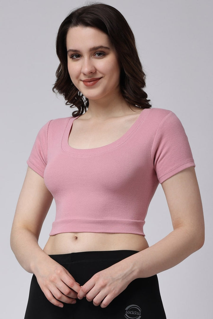 Women  Pink Gym Half Sleeves Crop Tank Top