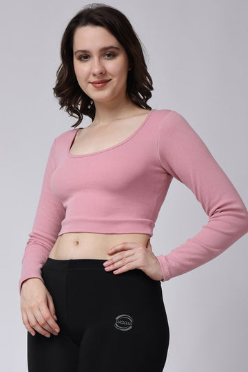 Women Pink Ribbed Crop Gym Top Side View