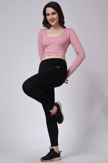 Women Pink Ribbed Crop Gym Top Full View 2