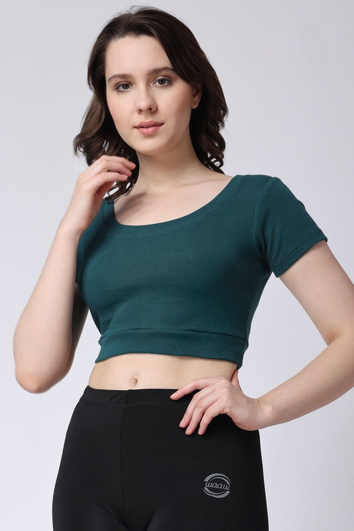 Women Gym Half Sleeves Green Crop Tank Top