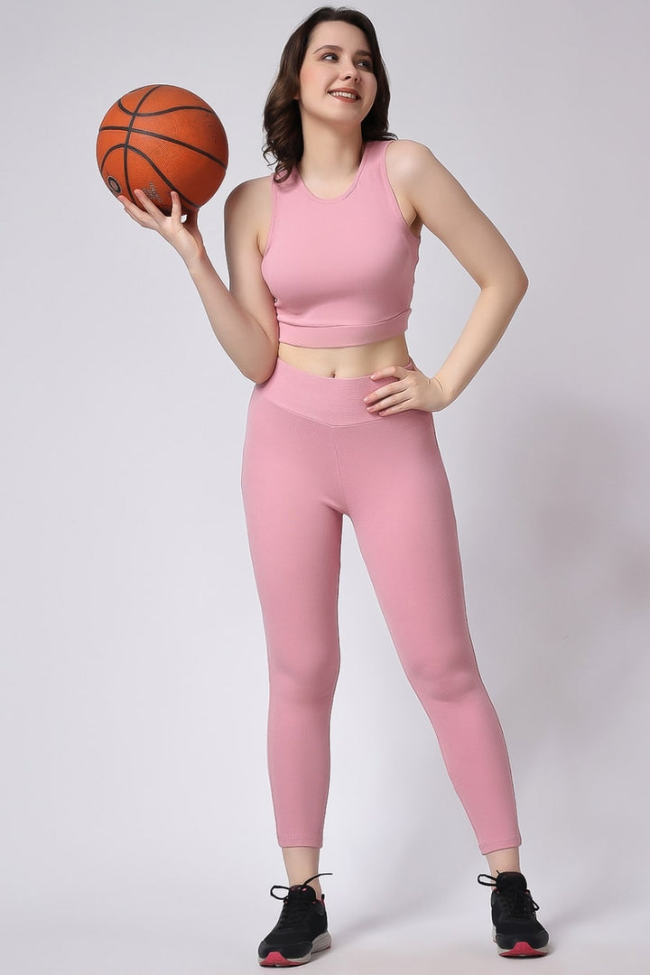 Women's Pink Gym Co-Ord Set 2 Piece Slim Fit Sleeveless Full View