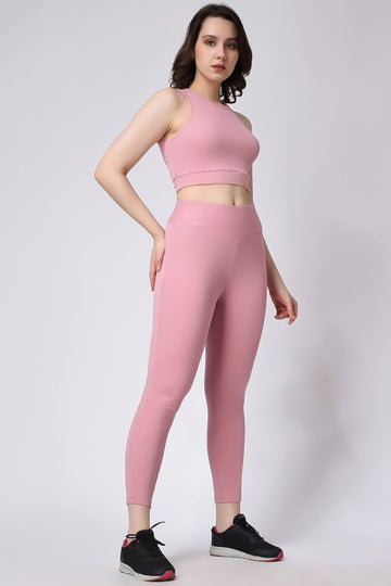 Women's Pink Gym Co-Ord Set 2 Piece Slim Fit Sleeveless Left Side View
