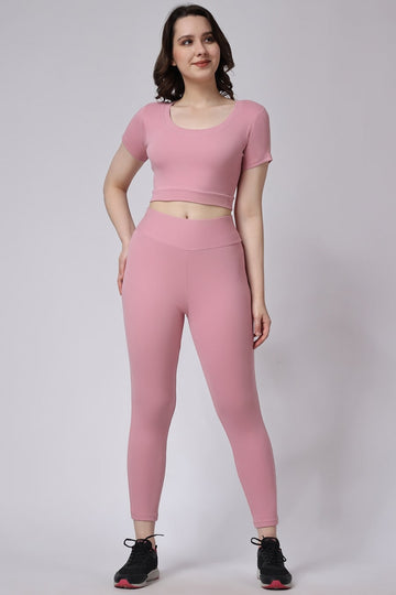 Women's Gym Co-Ord Set Ribbed Half Sleeve Pink Color Full View