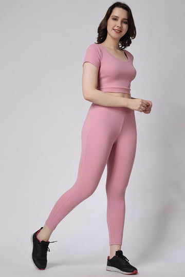 Women's Gym Co-Ord Set Ribbed Half Sleeve Pink Color Left Side View