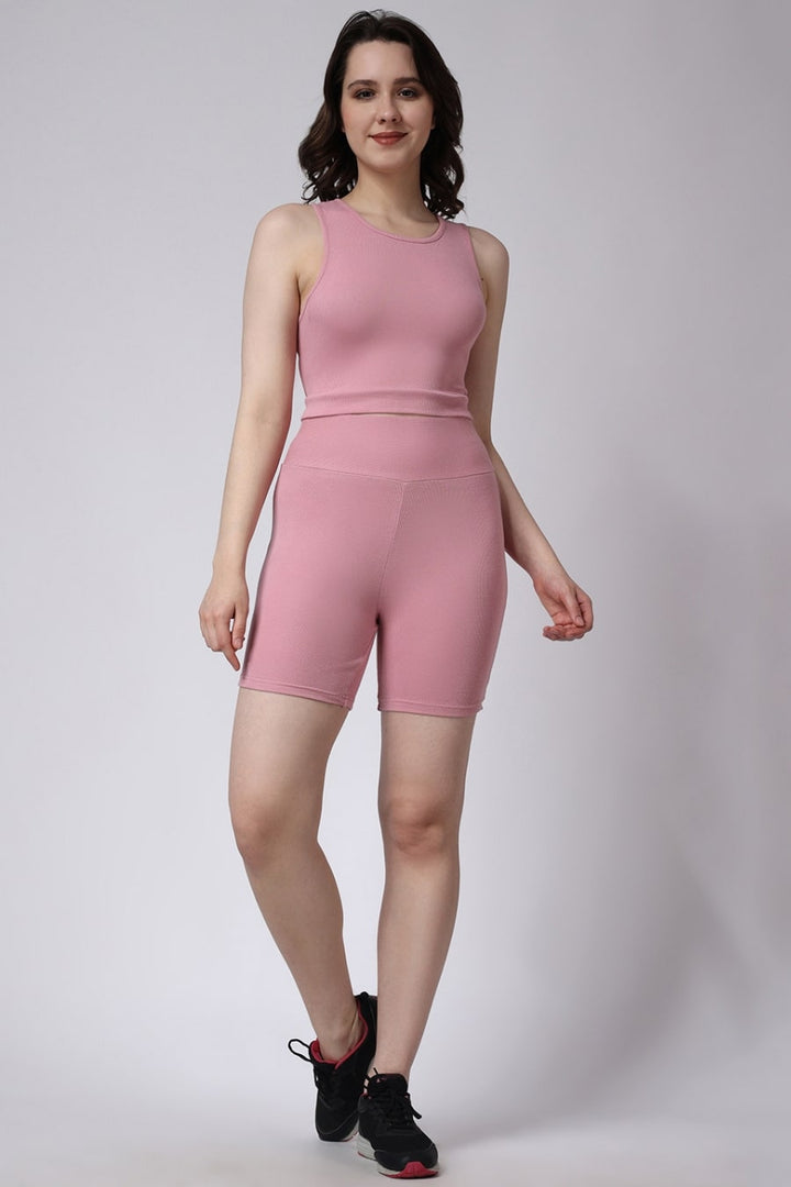 Women's Ribbed Pink Gym Co-Ord Set Sleeveless