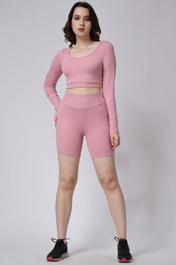 Women's Gym Co-Ord Set Pink Shorts & Full Sleeves Crop Top