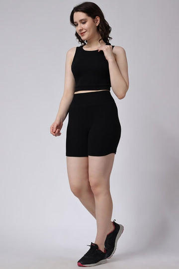 Women's Black Ribbed Shorts and Sleeveless Crop Top Gym Co-Ord Set Full View