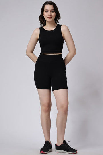 Women's Black Ribbed Shorts and Sleeveless Crop Top Gym Co-Ord Set