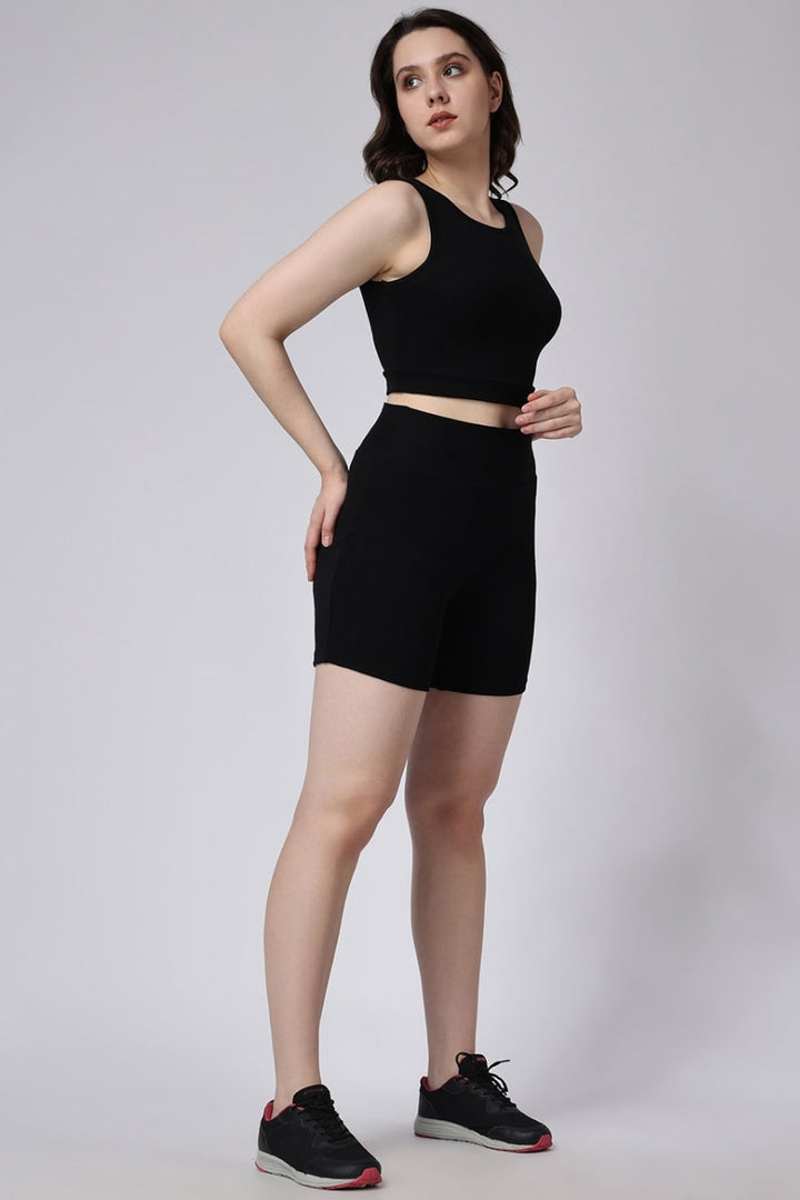 Women's Black Ribbed Shorts and Sleeveless Crop Top Gym Co-Ord Set Left Side View 
