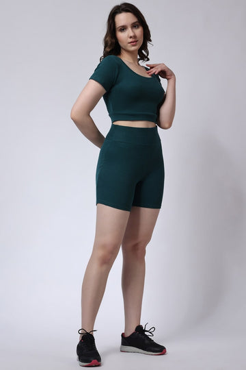 Women's Green Shorts and Half Sleeves Crop Top Gym Co-Ord Set Left Side View