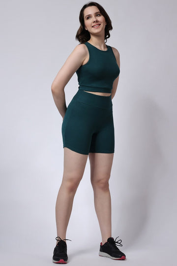 Women's Green Gym Co-Ord Set Ribbed Sleeveless Left Side View