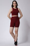 Women's Maroon Gym Co-Ord Set Ribbed Sleeveless Full View