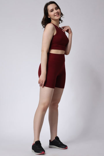 Women's Maroon Gym Co-Ord Set Ribbed Sleeveless Left side View