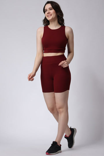 Women's Maroon Gym Co-Ord Set Ribbed Sleeveless Side View