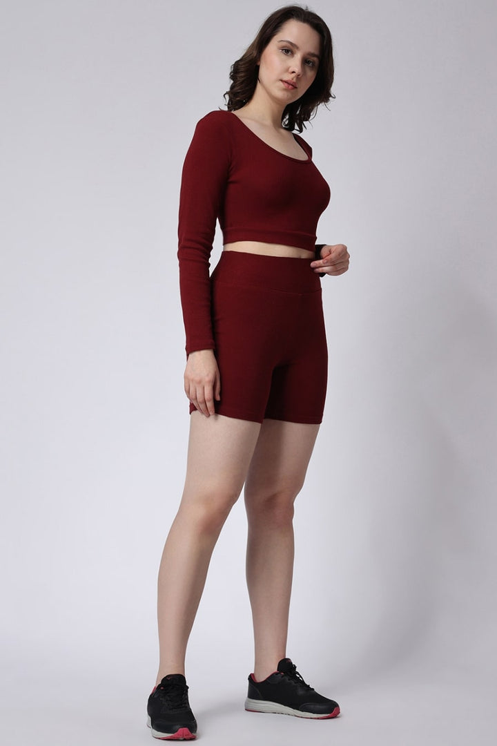 Women's Maroon Gym Co-Ord Set Ribbed Full Sleeves Left Side View
