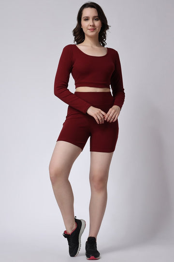 Women's Maroon Gym Co-Ord Set Ribbed Full Sleeves 