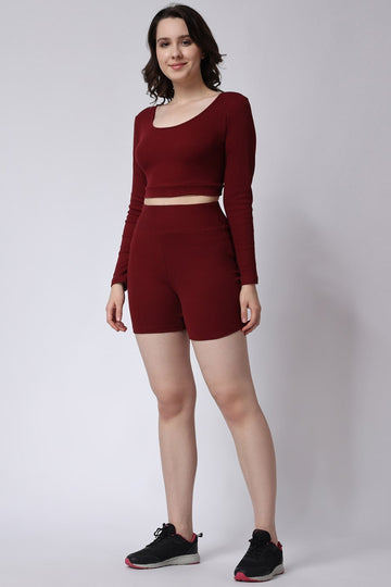 Women's Maroon Gym Co-Ord Set Ribbed Full Sleeves Full View