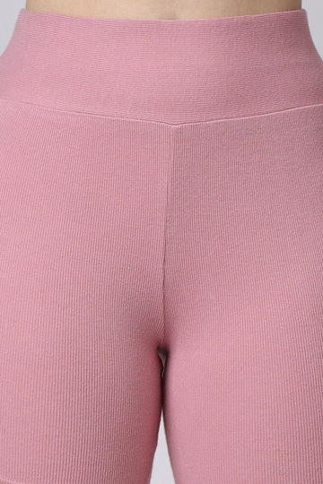 Women's Pink Rib Knit High Waisted Gym Shorts Closeup View