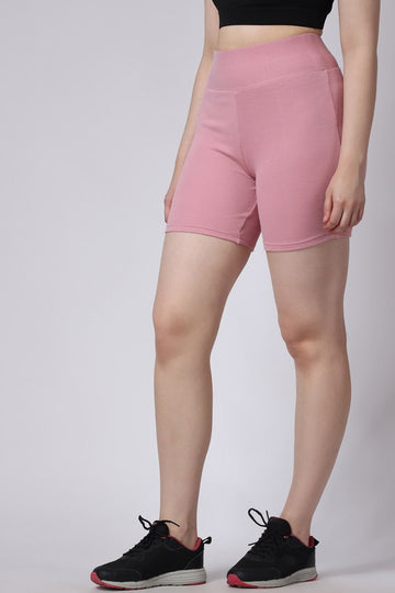 Women's Pink Rib Knit High Waisted Gym Shorts Side View