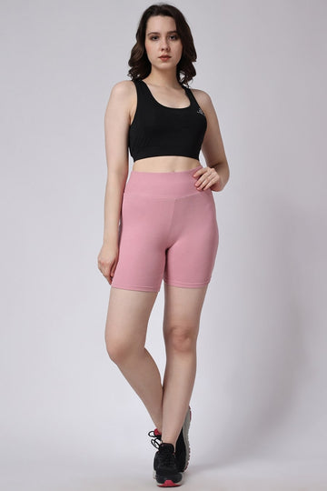 Women's Pink Rib Knit High Waisted Gym Shorts Full View