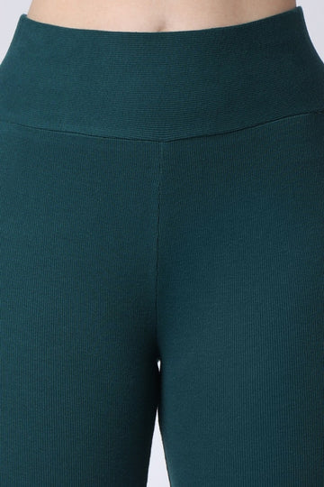 Women's Rib Knit Green Leggings Closeup View