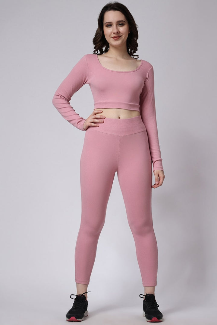 Women's Gym Co-Ord Set Pink Leggings & Full Sleeves Crop Top 